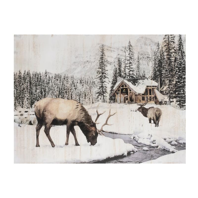HomeRoots 14" X 19" Brown And White Wood Winter Reindeer Lodge Hanging Wall Decor
