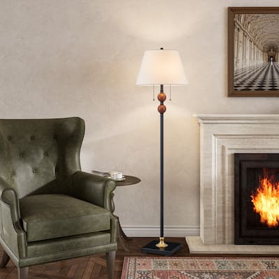 61''Black Metal & Red Wood Floor Lamp with Fabric Shade - W16" x D16" x H61"