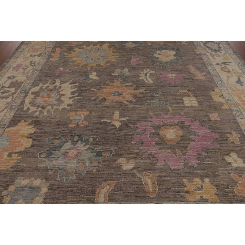 Vegetable Dye Oushak Turkish Rug Hand-Knotted Brown Wool Carpet - 9'2"x 11'10"