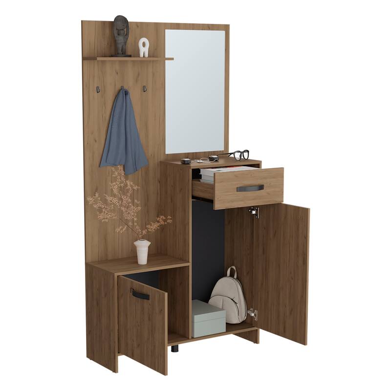 Multi-Storage Hall Tree with Mirror, Cabinets, Shelves, and Hooks for a Stylish and Functional Entryway Setup