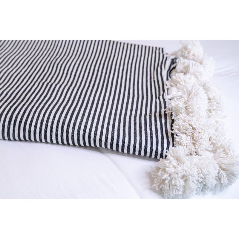 Handwoven Moroccan Blanket with Pom Pom in Black &White
