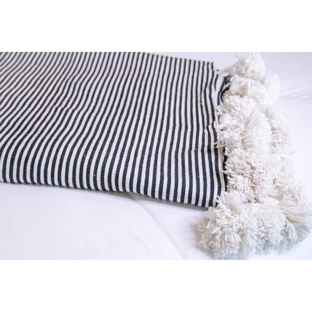 Handwoven Moroccan Blanket with Pom Pom in Black &White