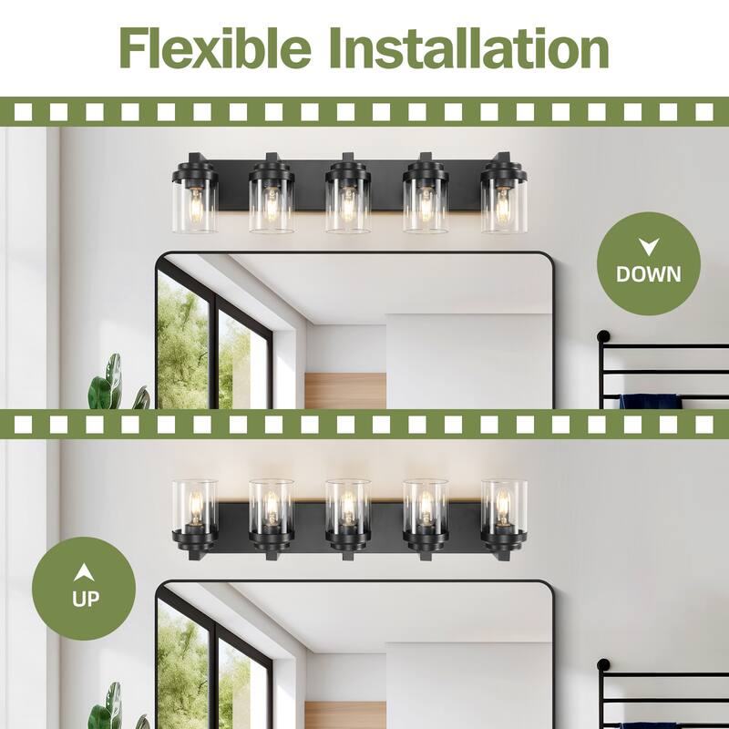 5-Light Bathroom Vanity Light Bathroom Light Fixtures Over Mirror, 31" Black Vanity Lights with Glass Shade