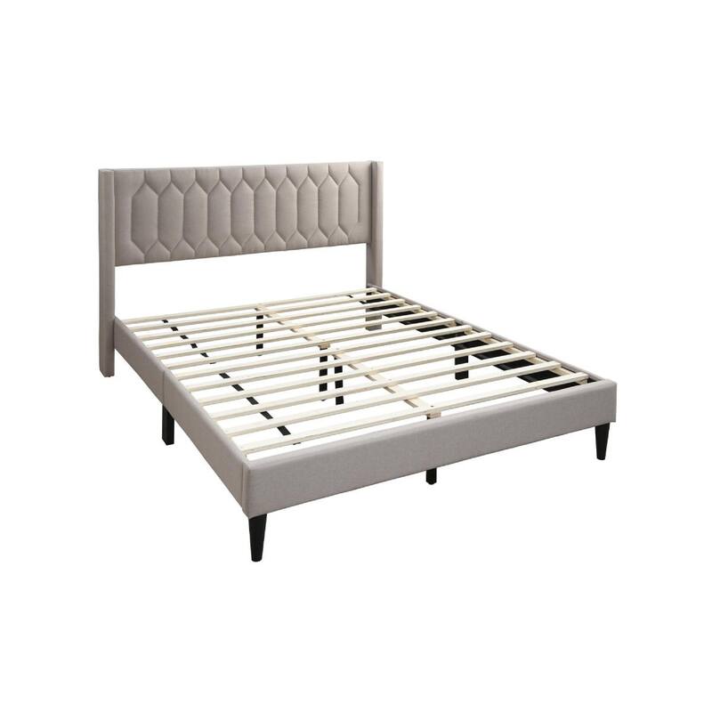 Jeo Queen Size Bed, Geometric Stitched Light Brown Burlap Upholstery