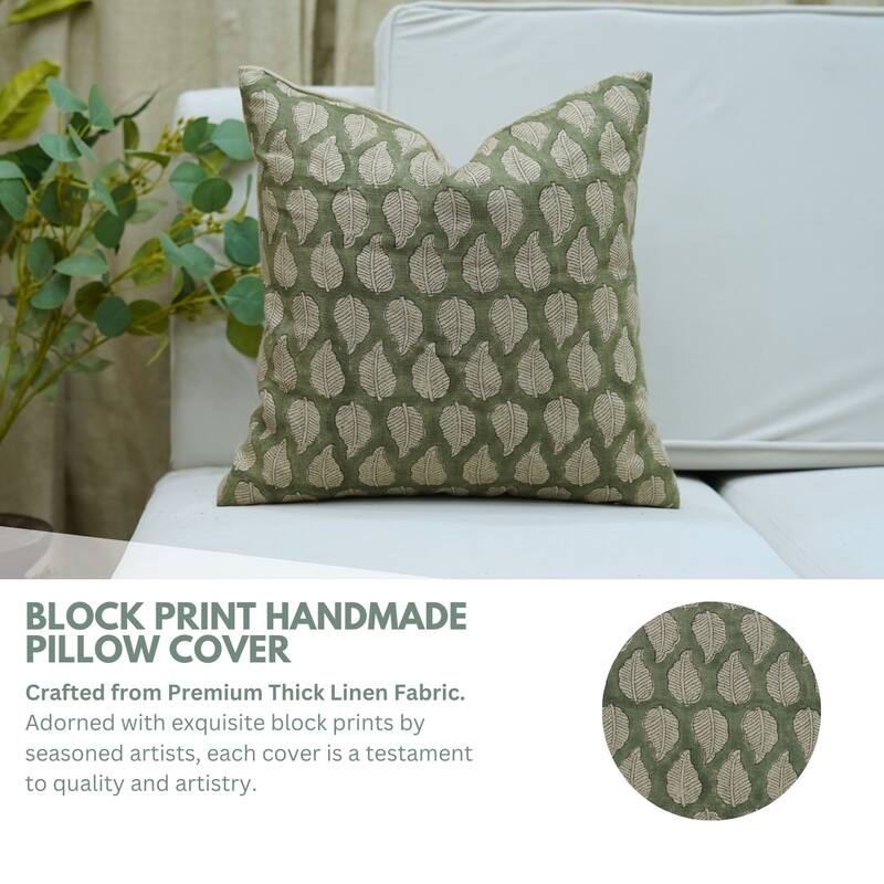 Fabdivine Handmade Green Block Print Floral Thick Linen Pillow Cover for Gift or Fall Living Room Décor Cushioncase, Panchi