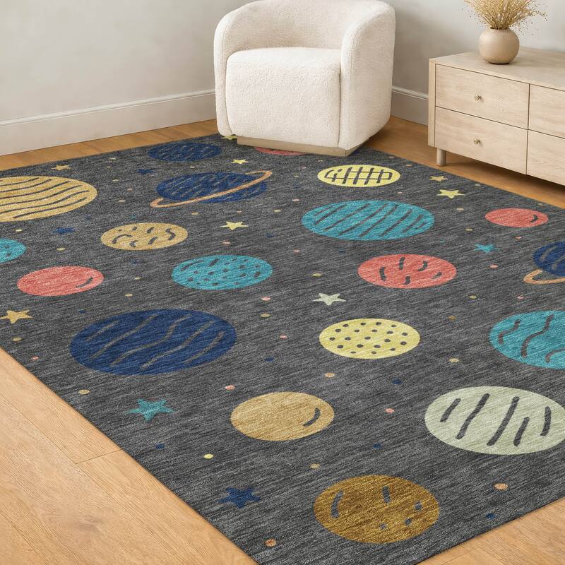 Machine Washable Indoor/ Outdoor Modern Planets Chantille Rug