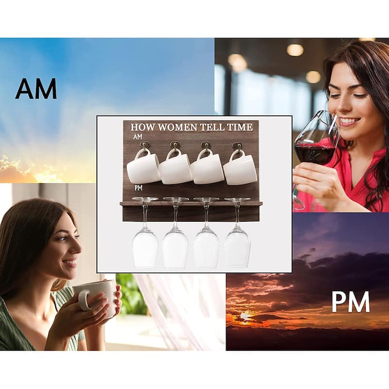 "How Mom Tells Time" Wall Mounted Wine Rack - Unique Funny Wine Gift for Her -4 Wine Glasses, and Mugs Included