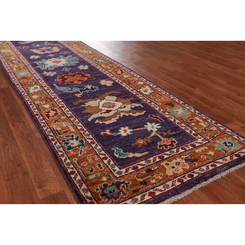 Hand Knotted Oriental 100% Wool Carpet Transitional Floral Purples Oushak Runner Rug - 9' 11'' X 2' 8''