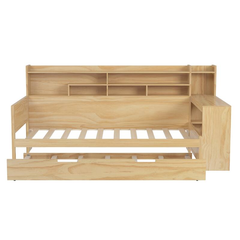 Wooden Twin Size Daybed with Storage Shelves, Multi-functional Bed with Twin Size Trundle Bed and Study Desk