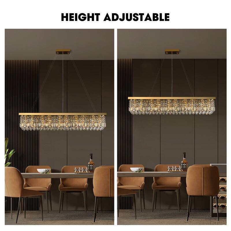47 in. Gold Crystal Chandelier 10-Light Modern Rectangular Crystal Raindrop Chandelier for Kitchen Island Dining Room