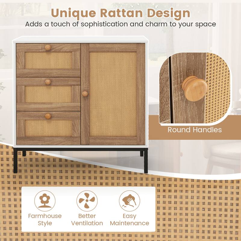 Gymax Set of 2 Rattan Sideboard Buffet Cabinet Accent Cabinet w/ 1