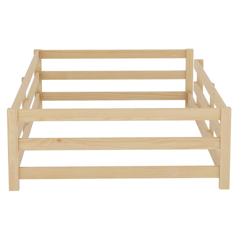 Twin/Full Montessori Floor Bed with Safety Fence - Wood Kids Floor Bed for Boys & Girls
