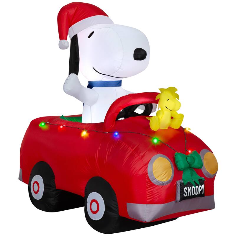 Airblown-Snoopy and Woodstock in Car w/ Christmas Lights Scene-Peanuts