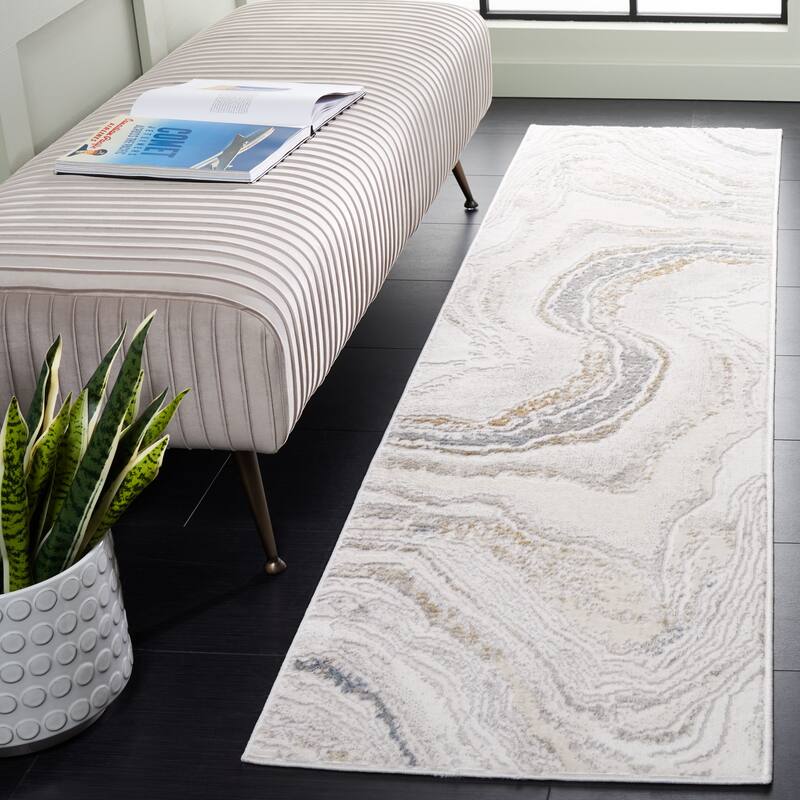 SAFAVIEH Easton Marilena Marble Modern Abstract Rug - 2' x 8' Runner - Ivory/Beige Blue