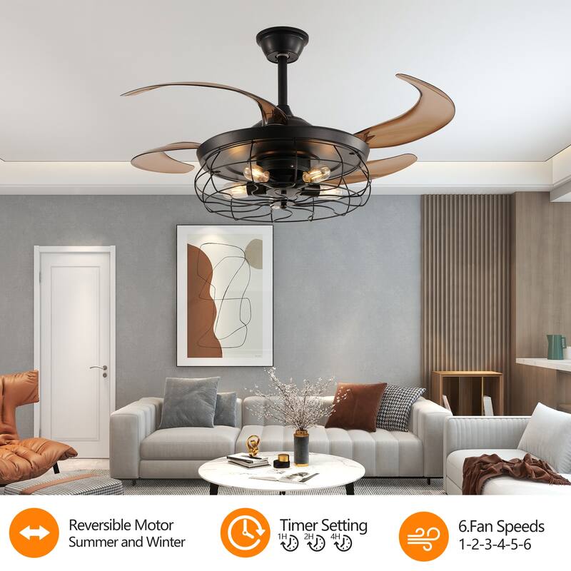 48" Black Ceiling Fan with Light - Remote - 4 Blades - Industrial(Bulb Not Included）