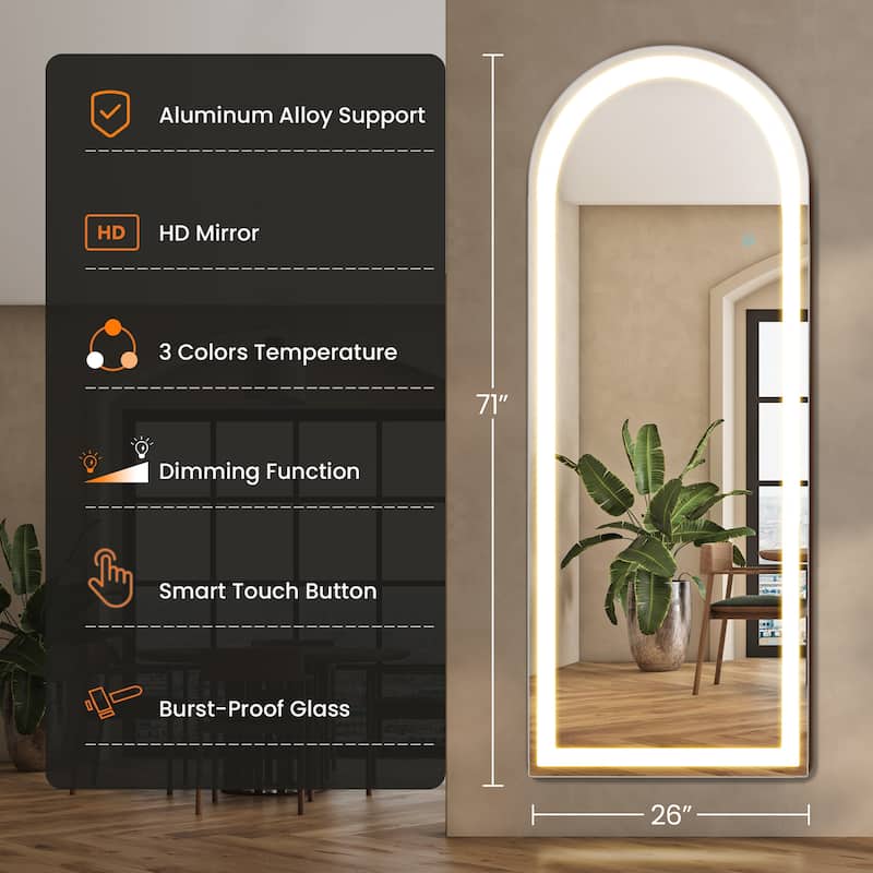 Arched Full Length Mirror with LED Lights, 26"x71" Lighted Floor Mirror with Dimming & 3 Color Lighting, Stand - 26*71