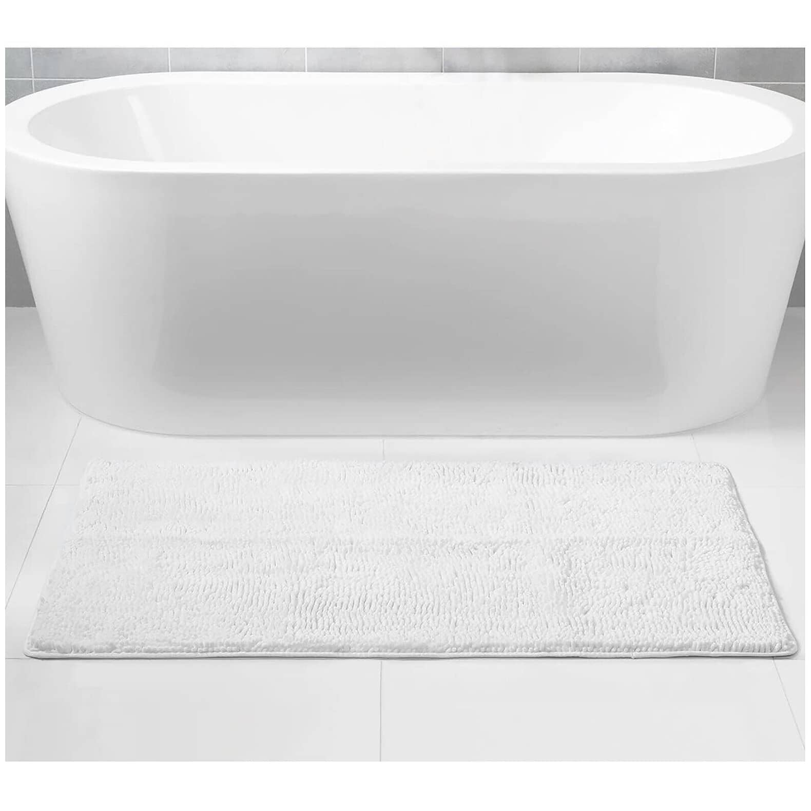 White Soft Cozy Plush Chenille Bath Mat Highly Absorbent Shower Mat Non