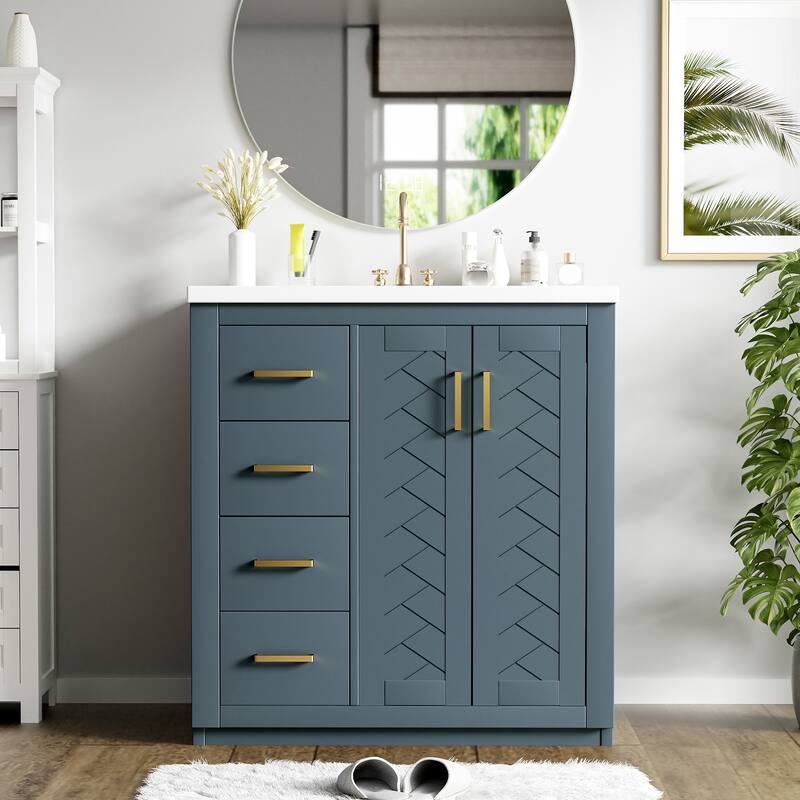 30" Wood Bathroom Vanity with Ceramic Sink and 3 Drawers - Blue