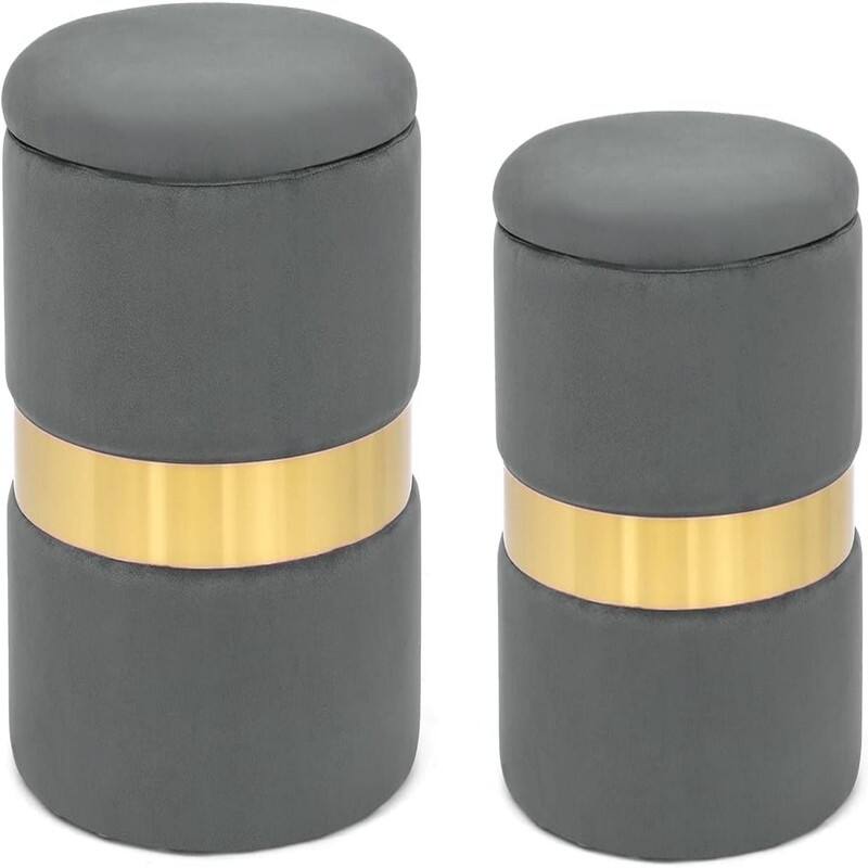 Round Velvet Storage Ottoman Set of 2 - Grey