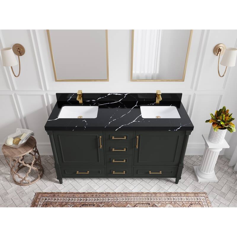 Willow Collections 60 in. W x 22 in. D Aberdeen Double Sink Bathroom Vanity with Countertop - 2" Calacatta Black - Black Top