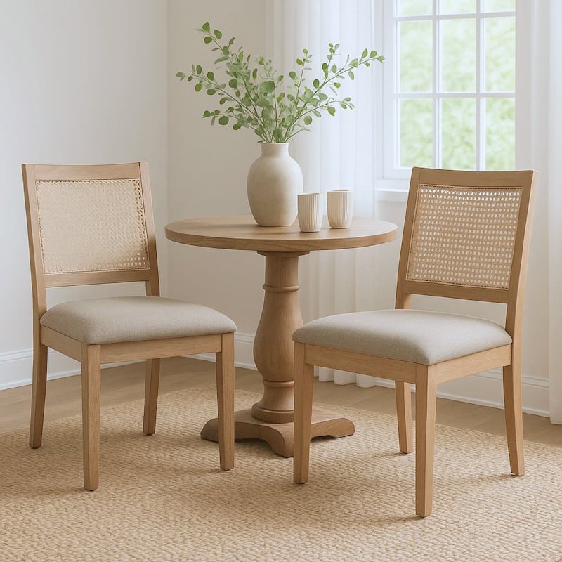 Zemi Dining Chair Set of 2, Rattan, Beige, Natural Brown Solid Wood