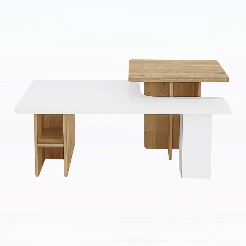 Versatile Set of 2 Nesting Rectangle Coffee Tables for Farmhouse Living Room - White+Natural
