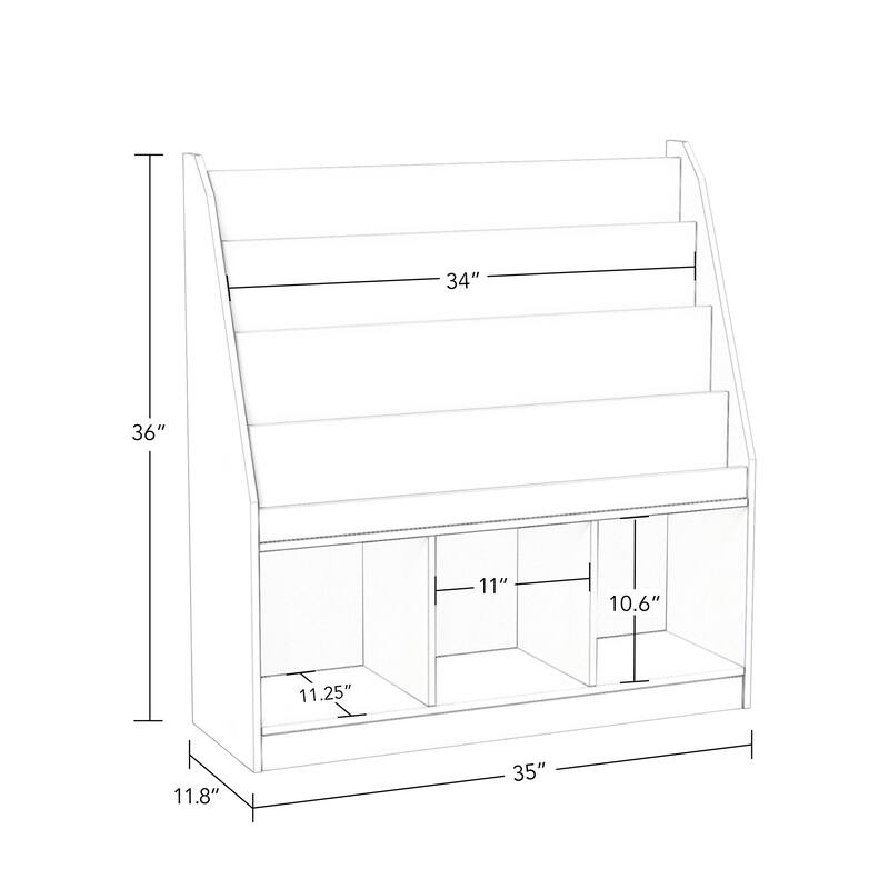RiverRidge Kids Playroom Bookrack with 3 Toy Organizer Cubbies and 4 Book Shelves - White with Optional Bins