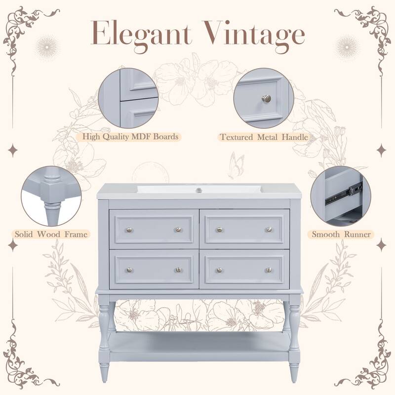 36 inch MDF Freestanding Bathroom Vanity with Integrated Ceramic Sink and Drawers - 36'' x 18'' x 34''