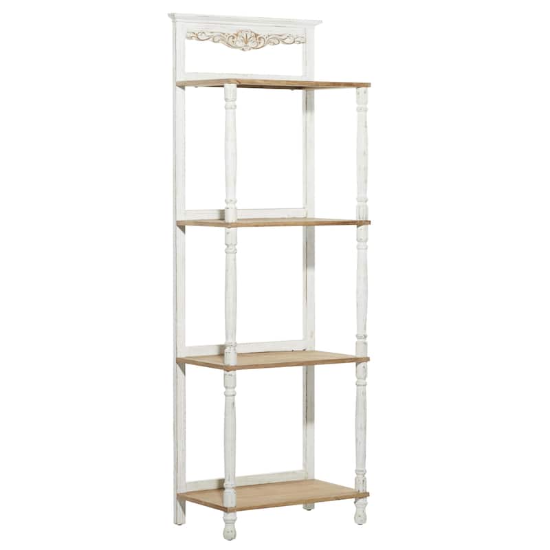 Wood Floral Intricately Carved 4 Shelves Shelving Unit - White - Roche River Decor - White - 25"W,71"H