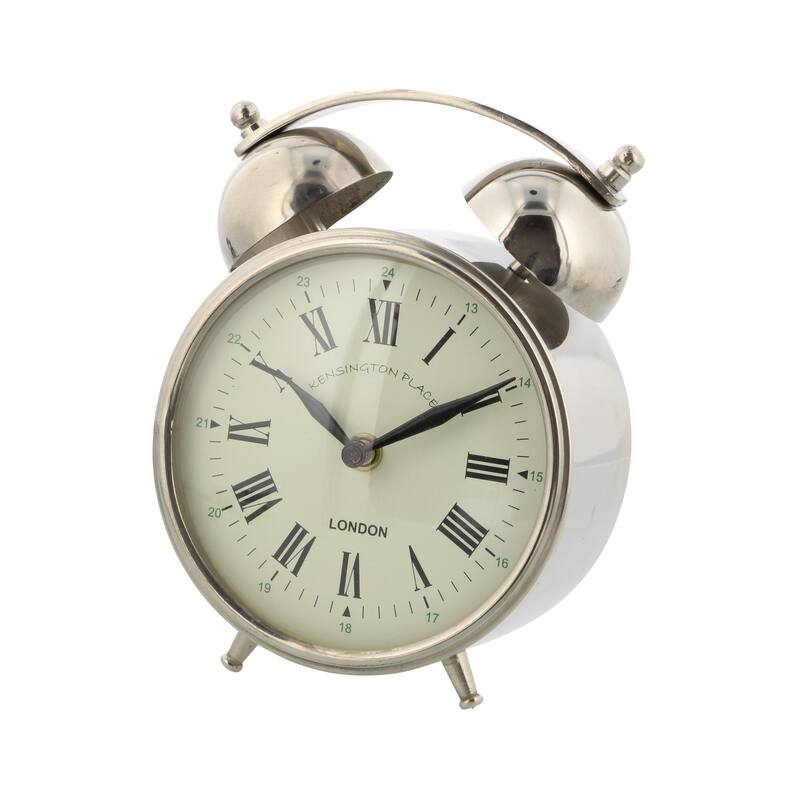 Stainless Steel Metal Clock with Bell Style Top - Silver - Roche River Decor