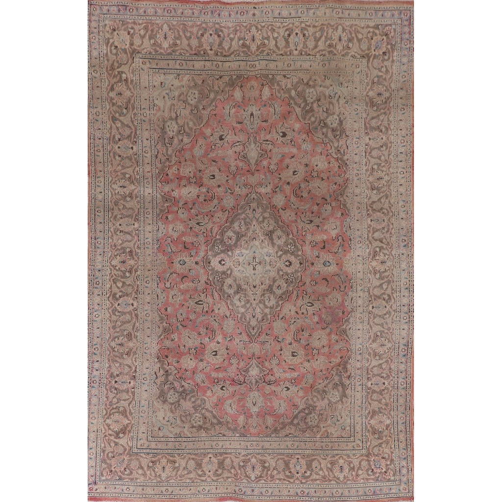 Traditional Mashad Persian Vintage Area Rug Hand-Knotted Wool Carpet - 6'4"x 9'7"