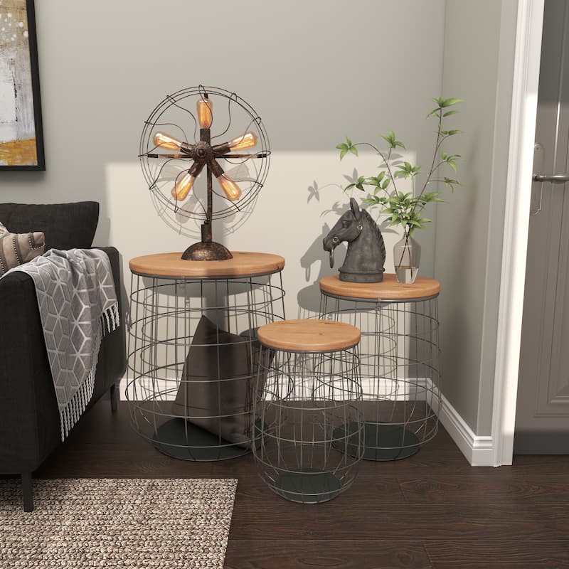 Brown Metal Decorative and Functional Storage Basket with Wood Lids (Set of 3)