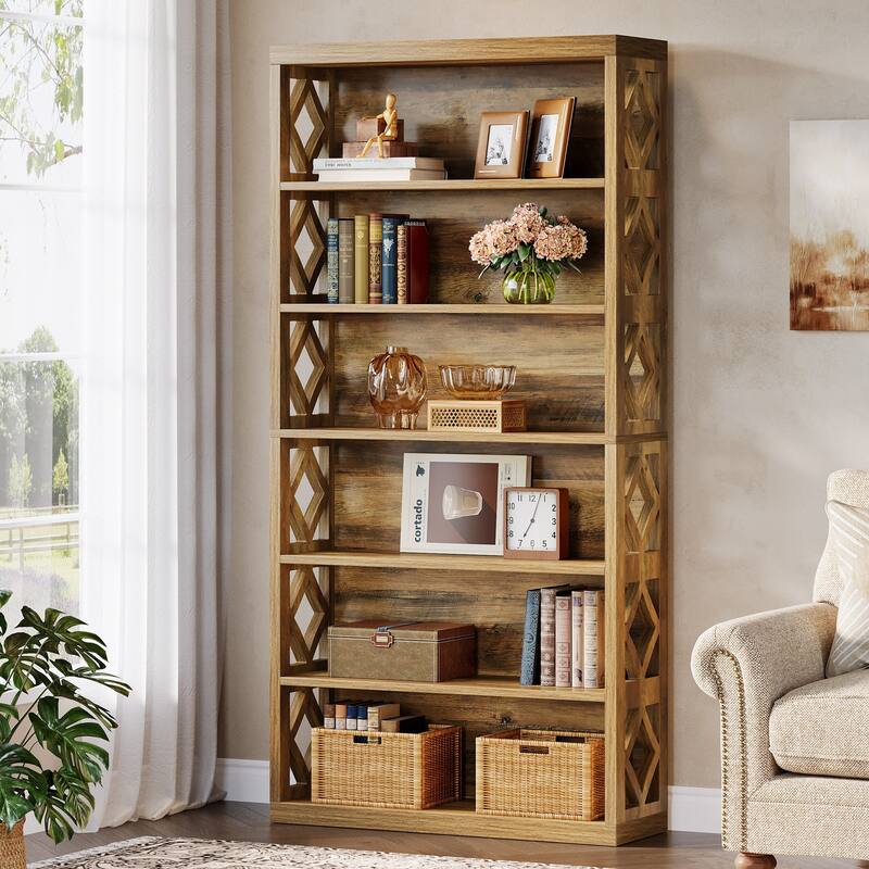 74.8" Tall Bookcase, 7-Tier Industrial Wood Bookshelf with Storage Shelves - Brown