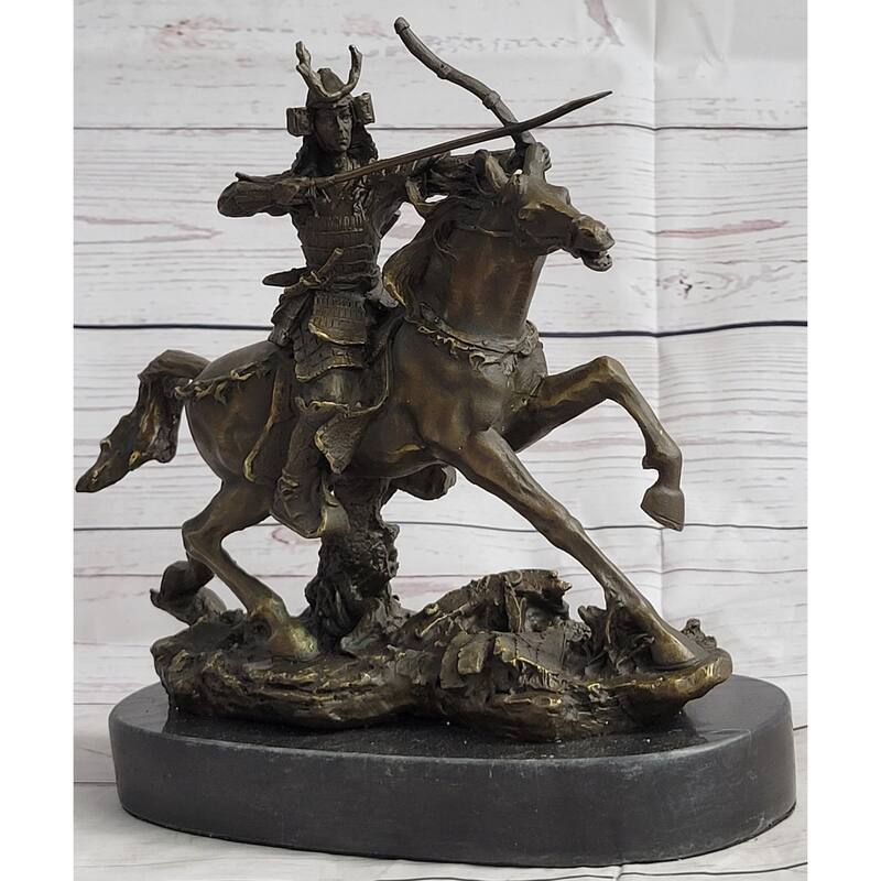 Samurai Warrior On Imitative Horse Bronze Statue Sculpture Hot Cast Marble Base Figurine