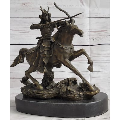 Samurai Warrior On Imitative Horse Bronze Statue Sculpture Hot Cast Marble Base Figurine