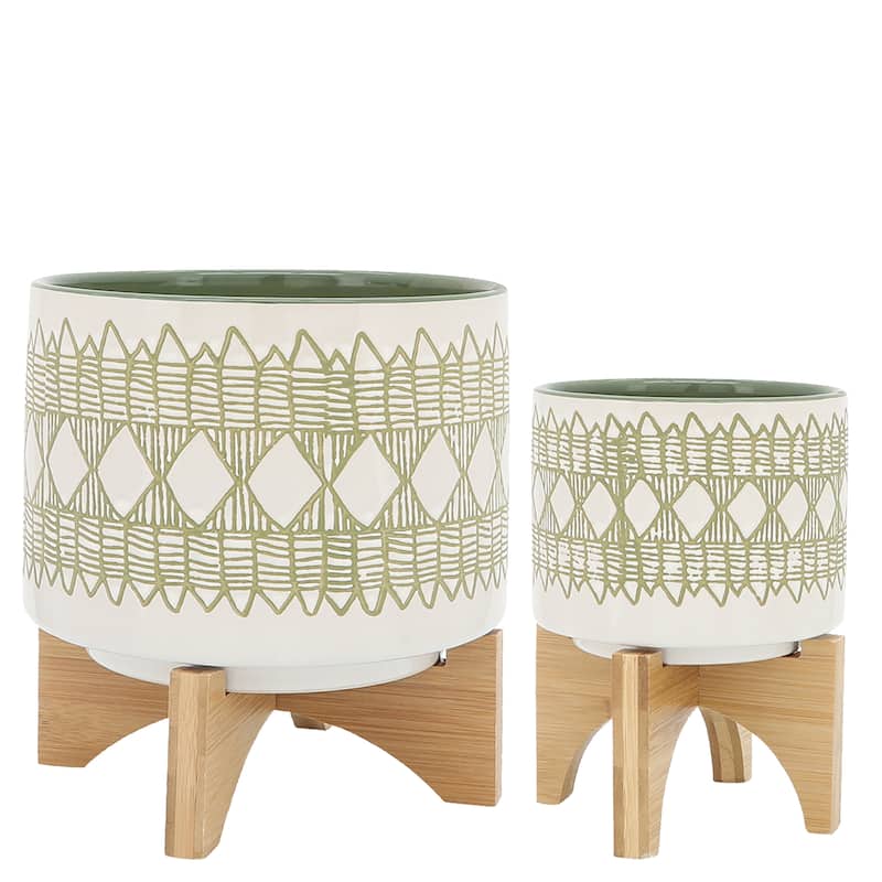 Sagebrook Home Abstract Ceramic Planter on Stand Indoor/Outdoor - 8"x8"x11" - Set of 2 Green