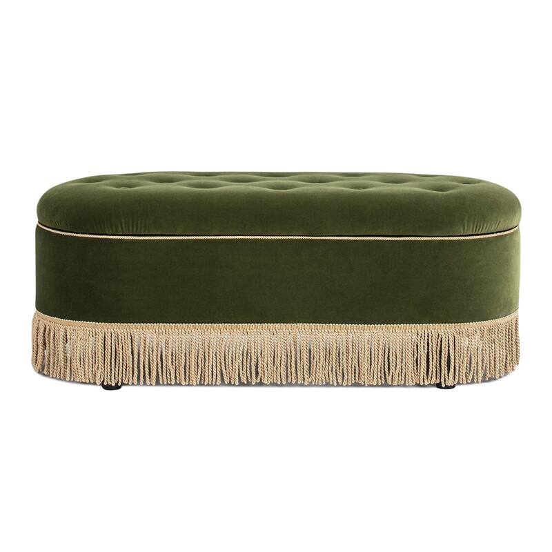 Melinda 48.5" Upholstered Tufted Oval Storage Bench with Bullion Fringe