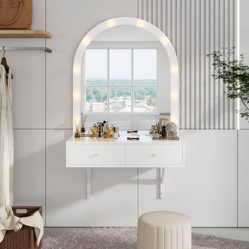 Floating Makeup Vanity Desk with Mirror & 3-Color Lights