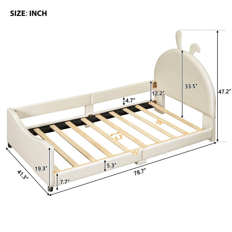 Twin Size Velvet Upholstered Daybed with Rabbit Ear Shaped Headboard Design and Footboard