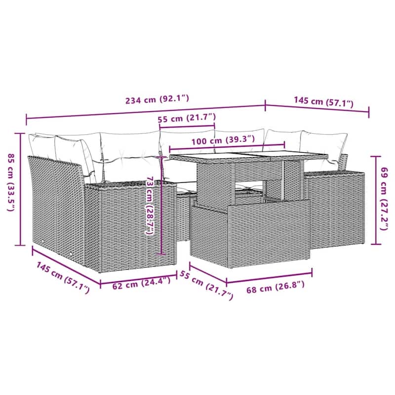 vidaXL Patio Sofa Set with Cushions Outdoor Furniture 7 Piece Poly Rattan - 24.4 x 24.4 x 27.2