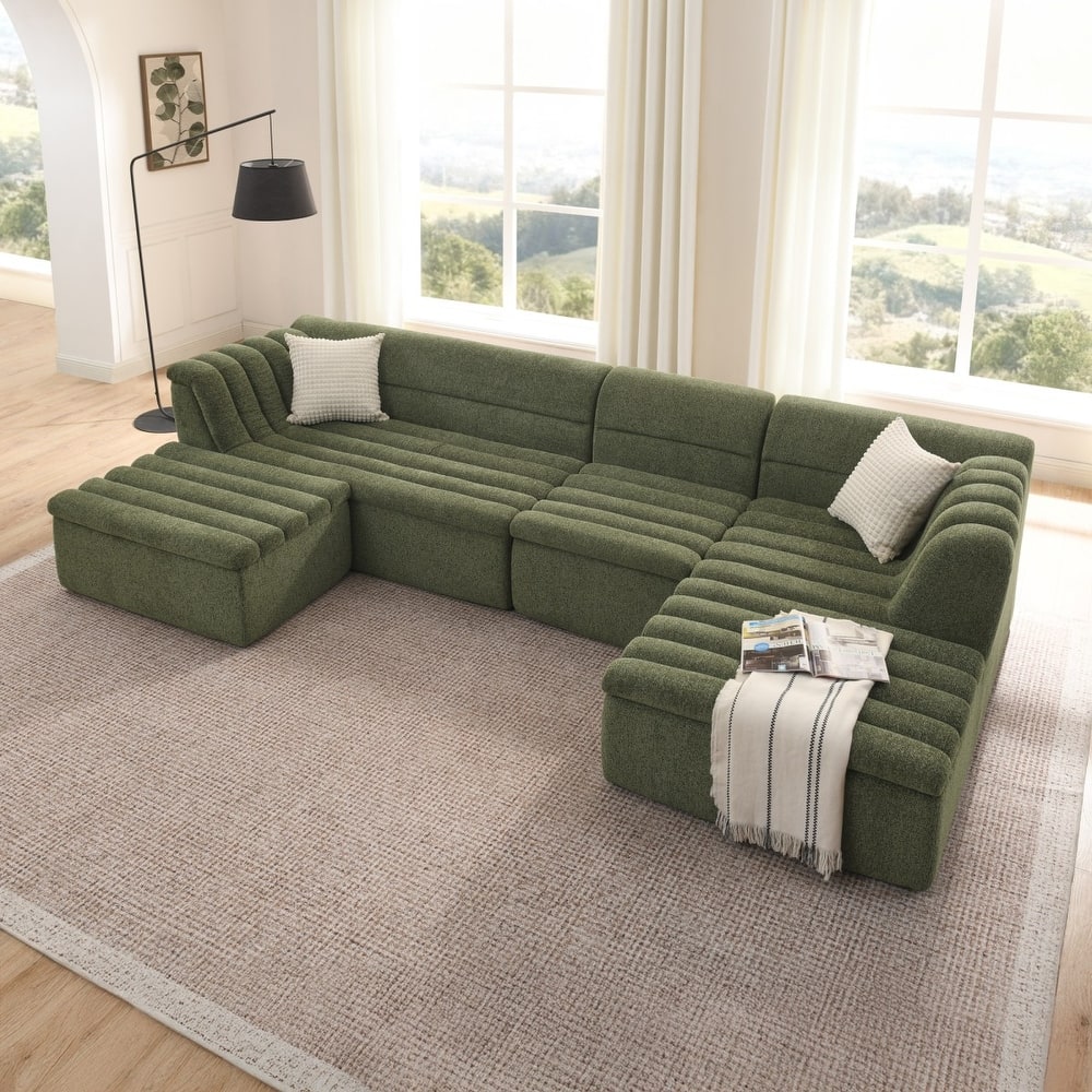 135" U-Shaped Modular Chenille Upholstered Sectional Sofa with Ottoman, No Pillows Included