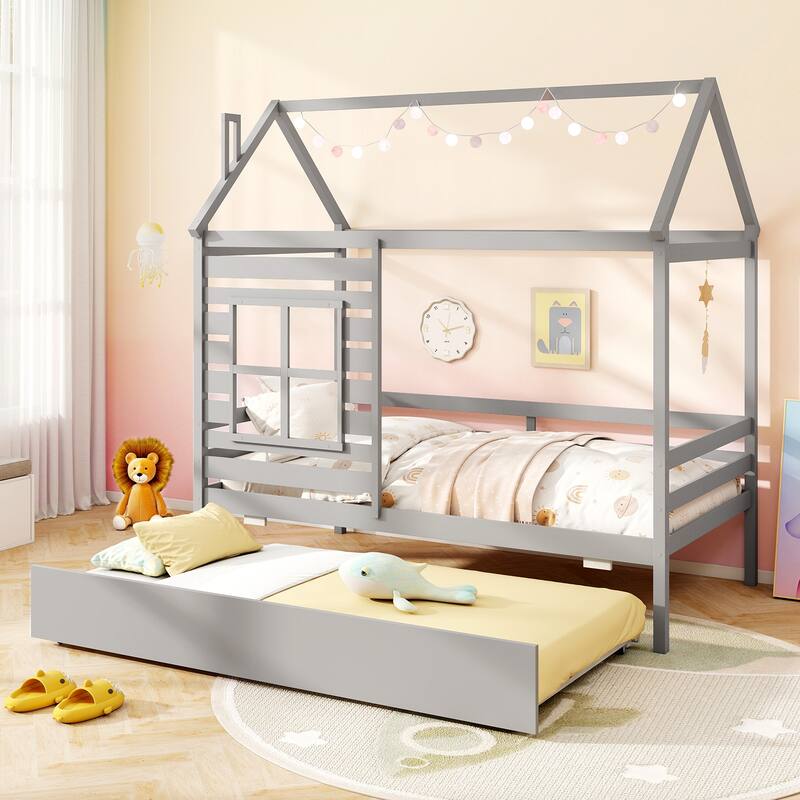 Gymax Twin Size House Bed with Trundle Wooden Platform Bed w/ Roof - Grey