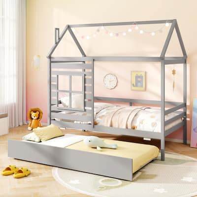 Gymax Twin Size House Bed with Trundle Wooden Platform Bed w/ Roof