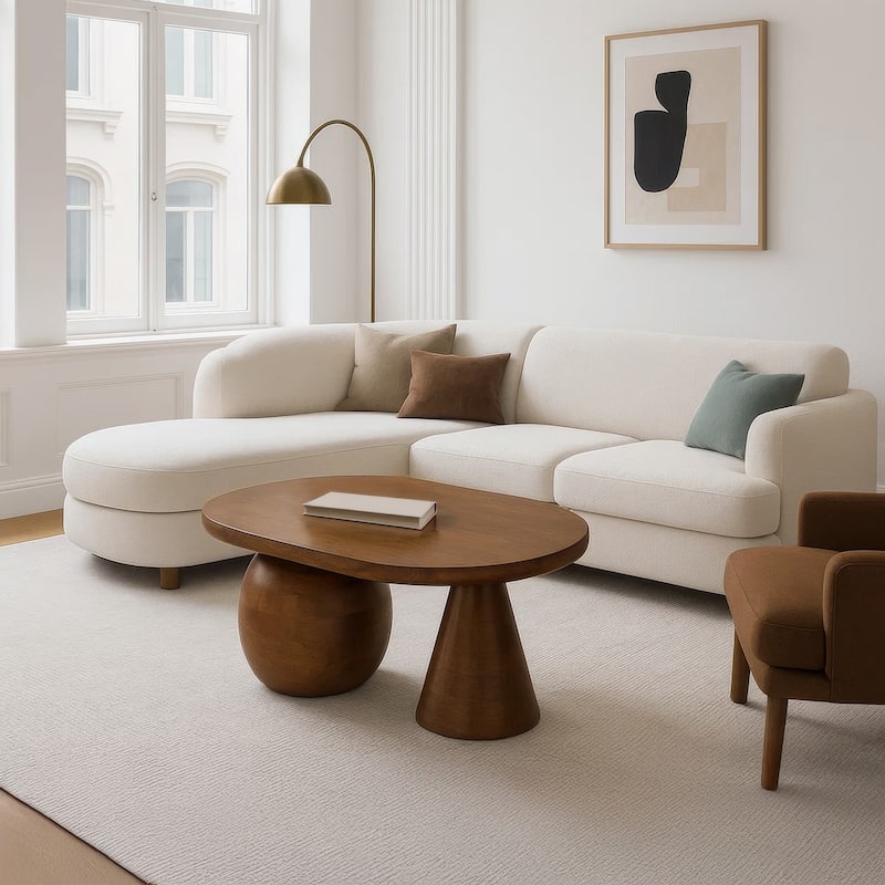Leeds Coffee Table 38" Handmade Walnut Brown Mango Wood Oval Top Round Ball and Cone Base
