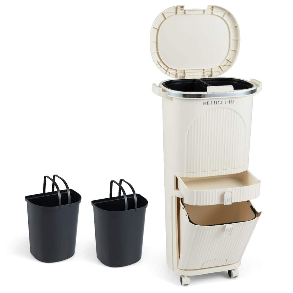 Costway 11 Gallon Kitchen Trash Can with Lid, 2 Removable Buckets, - Beige