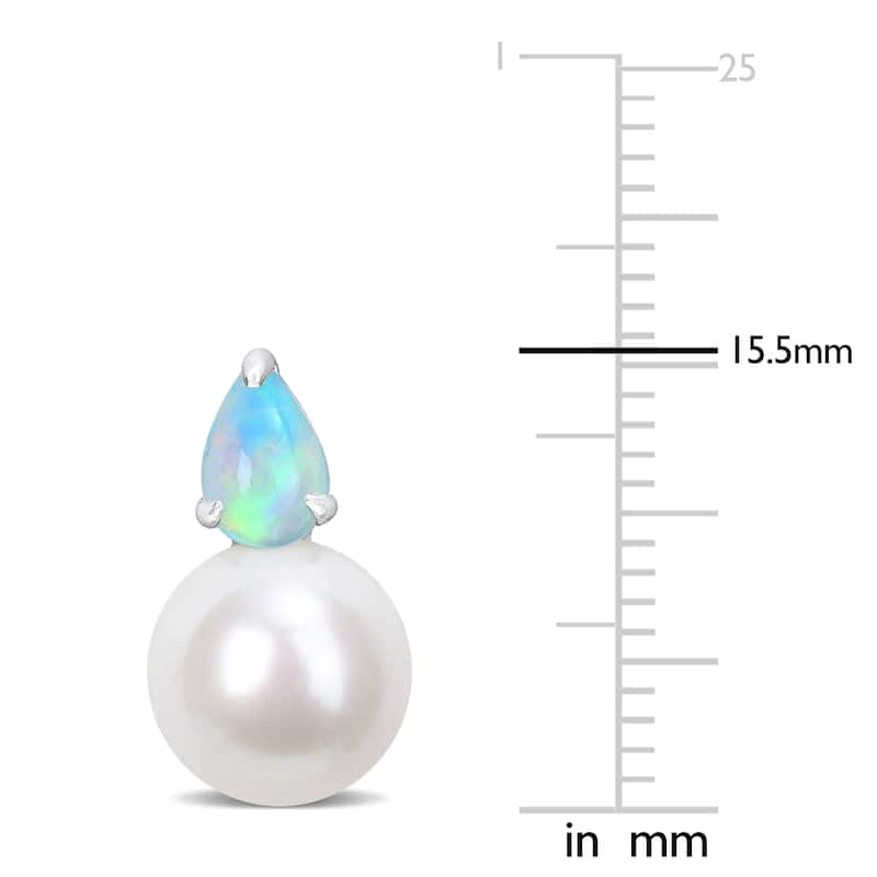 Miadora 7/8ct TGW Ethiopian Opal and 8.5-9mm Cultured Freshwater Pearl Earrings in Sterling Silver - 15.5 mm x 8.6 mm x 8.6 mm