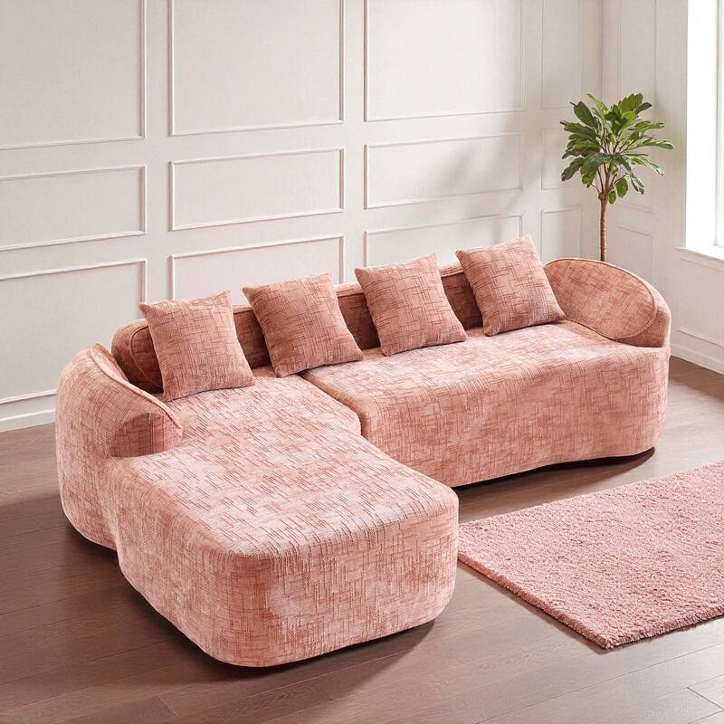 Chenille L-Shaped Compressed Sofa, 4-Seat Sectional Couch with Curved Armrests, High-Elastic Sponge & 4 Throw Pillows