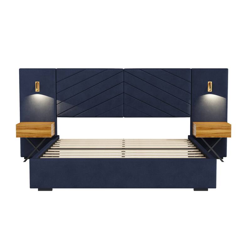 Velvet Bed with Channel Tufted Wingback Headboard & Wooden Slats