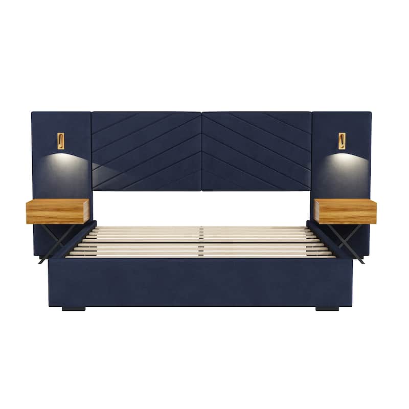 Velvet Bed with Wingback Headboard and Strong Slats
