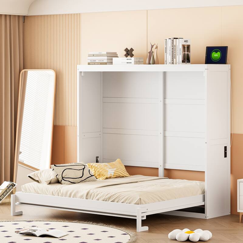Full/Queen Size Murphy Bed with Rattan Doors and Charging Station, Hideaway Wood Wall Chest Bed Frame, No Box Spring Needed - White - Full